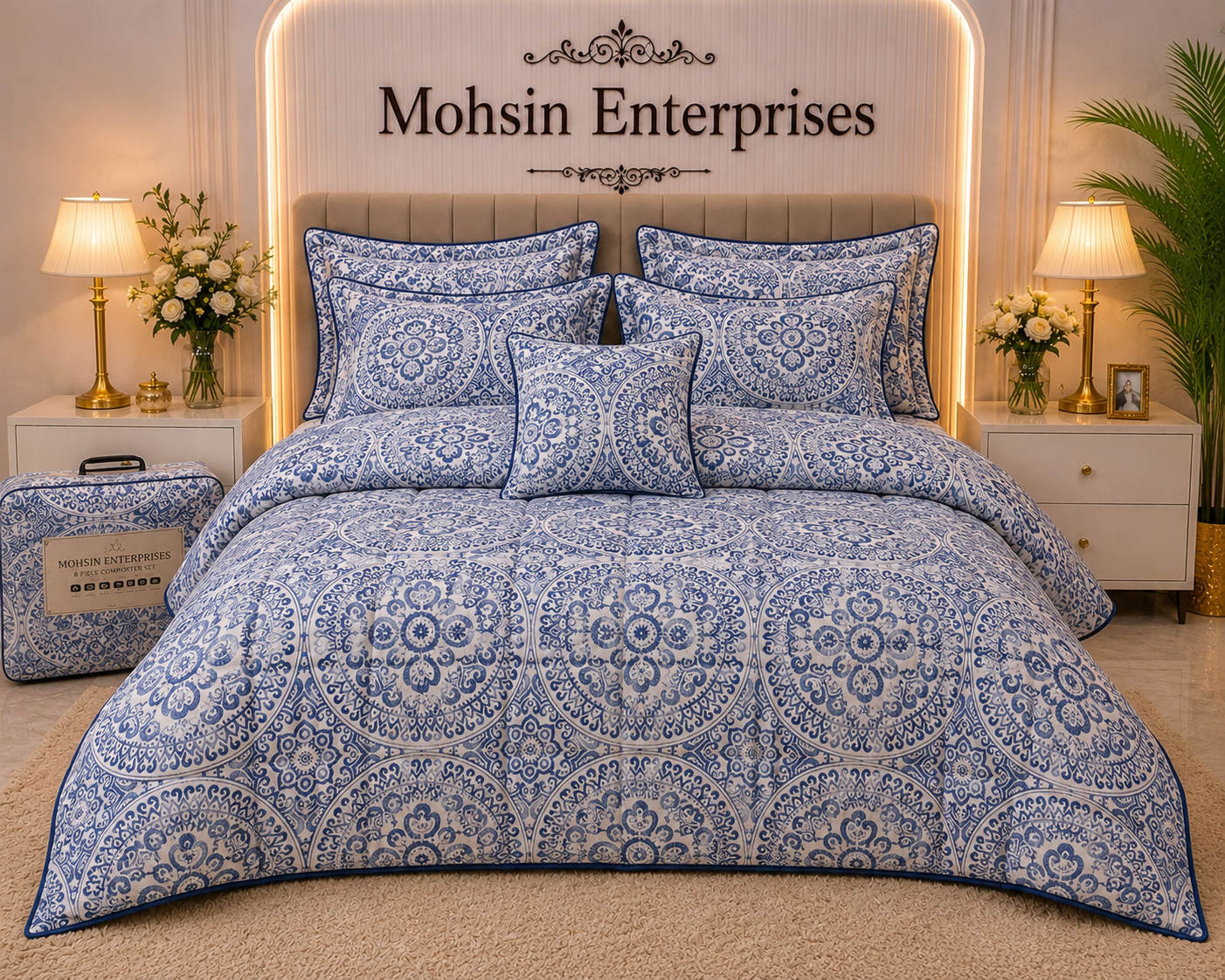 Luxury 6 Piece Comforter Set – Blue & White Medallion Design | Mohsin Enterprises