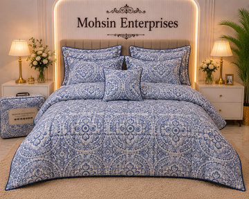 Luxury 6 Piece Comforter Set – Blue & White Medallion Design | Mohsin Enterprises