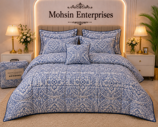 Luxury 6 Piece Comforter Set – Blue & White Medallion Design | Mohsin Enterprises