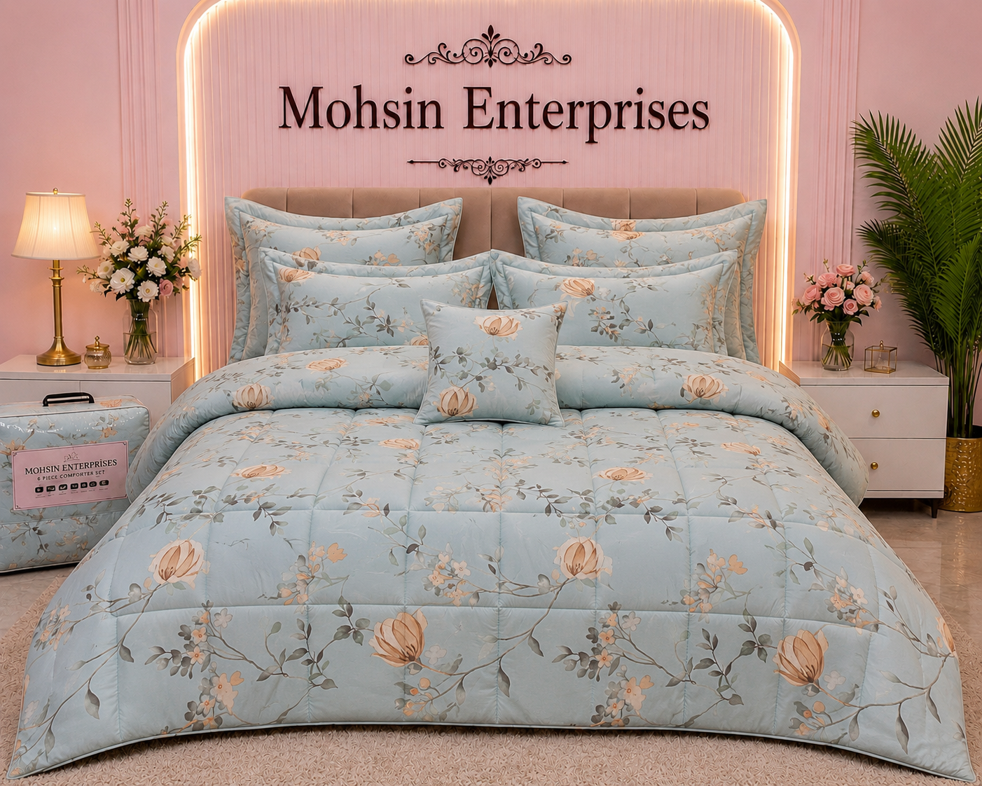 Luxury 6 Piece Comforter Set – Grey & Yellow Floral Design | Mohsin Enterprises
