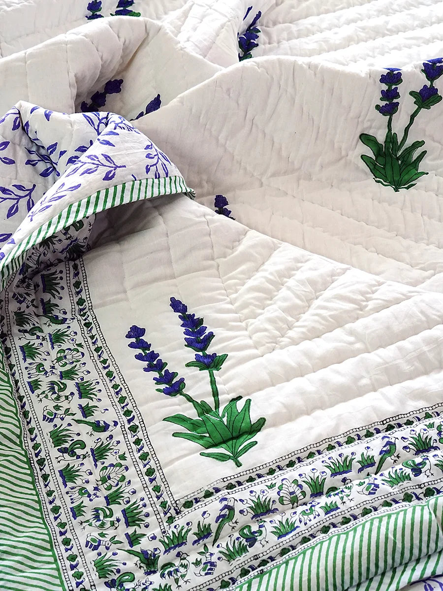 Lavender Handstitched Hand Block Printed Organic Cotton Quilt