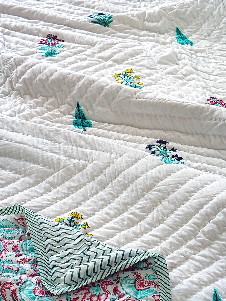 Munnar Handstitched Hand Block Printed Organic Cotton Quilt
