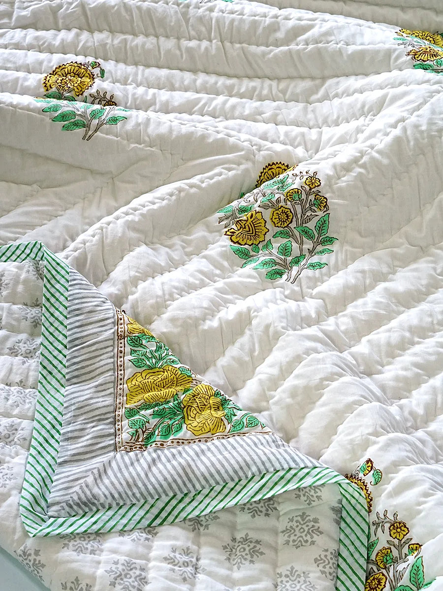 Sunbloom Handstitched Hand Block Printed Organic Cotton Quilt