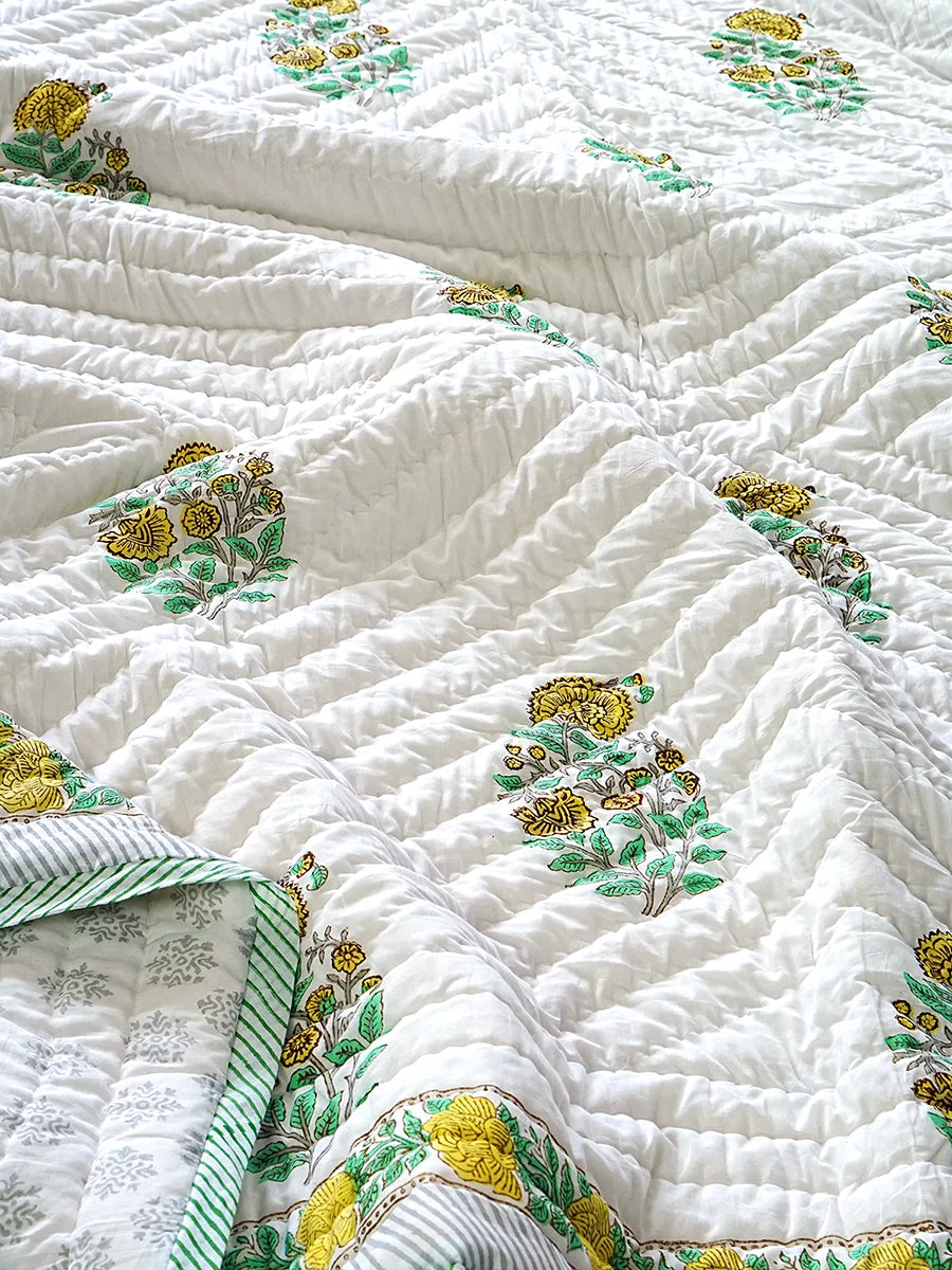 Sunbloom Handstitched Hand Block Printed Organic Cotton Quilt